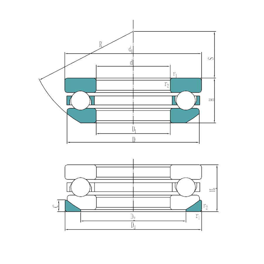 Single direction thrust ball bearings with a sphered housing washer